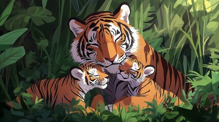 Tiger Family Embrace in Lush Jungle
