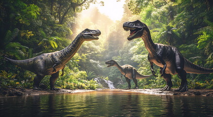 Fototapeta premium 3D rendering Dinosaurs in the jungle, Generative AI