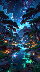 Naklejka premium Anime Potrait Image of Forest in Fantasy World, Lake, Mountain, Waterfall, Background, Wallpaper
