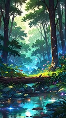 Anime Potrait Image of Forest in Fantasy World, Lake, Mountain, Waterfall, Background, Wallpaper