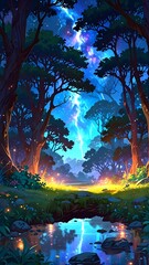 Fototapeta premium Anime Potrait Image of Forest in Fantasy World, Lake, Mountain, Waterfall, Background, Wallpaper