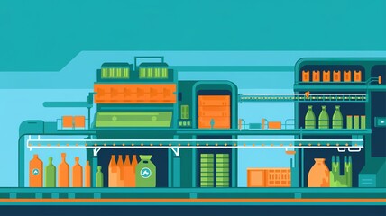 Illustration of a modern food production line with vibrant machinery and packaging elements in a clean, streamlined design.