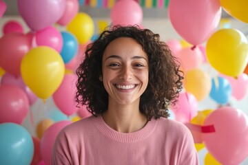 Obraz premium A joyful woman smiles amid colorful balloons at a vibrant celebration indoors, capturing the essence of happiness and festivity