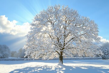 A majestic snow-covered tree stands against a bright sky, radiating tranquility and winter beauty.