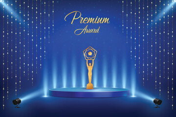 Premium Award On Podium With Set Of Hanging Lights On Blue Background. Royal Ethnic Theme Elements Concept Design Vector Illustration For Grand Music Concert, Movie, Party, Festival Celebration Etc.