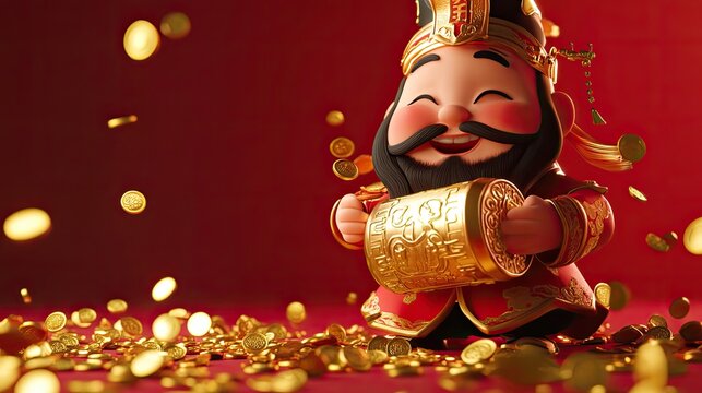 Cute Chinese God And Gold Coins, Generative AI