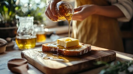Making butter toast with pure organic bee honey for a nutritious morning. concept of healthy eating.

