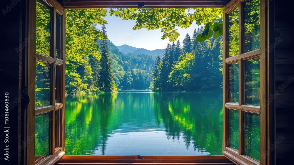 Poster tranquil lake view from open window surrounded by trees