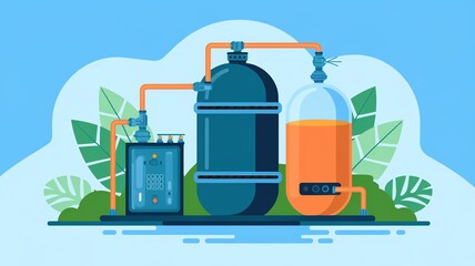 Illustration of an industrial distillation system with tanks and pipes set against a blue background with green plants.