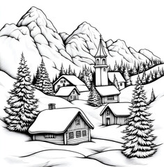 Naklejka premium snowy landscape with pine trees and two small houses, one of which has an old church tower in the background, coloring book