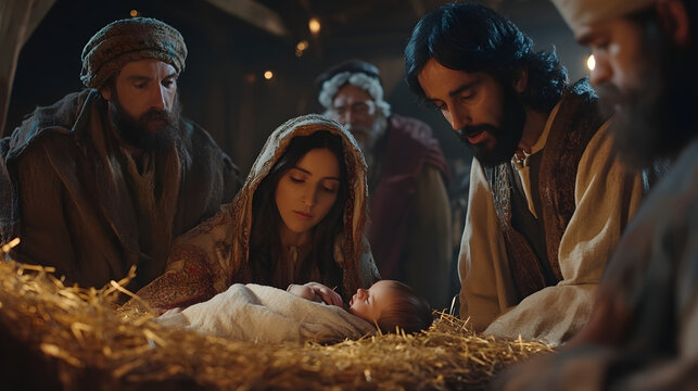 A manger scene with Mary and Joseph looking at baby Jesus, surrounded by shepherds and wise men.