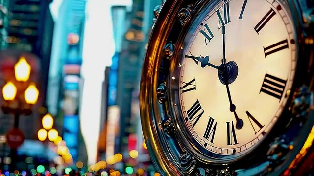 a clock  with  a city in the background