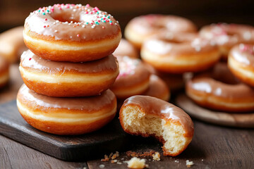 A stack of glazed donuts on a table with a bite taken out of one