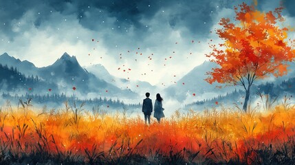 Romantic Autumn Landscape with Couple