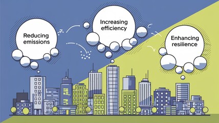 Obraz premium Illustration of sustainable urban development with focus on reducing emissions, increasing efficiency, and enhancing resilience.