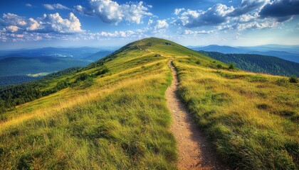 Fototapeta premium A serene mountain landscape with a winding path leading to a lush green hill under a bright blue sky with fluffy clouds.