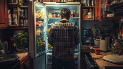 A man is standing in his kitchen, peering into a refrigerator packed with food and drinks.