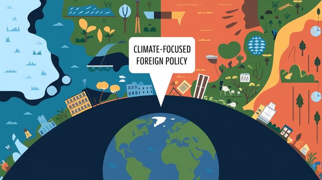 Illustrative concept of climate-focused foreign policy, highlighting global environmental issues and international collaboration.
