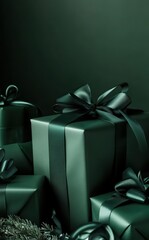 Dark green wrapping paper wrapped around presents, creating an aesthetic and elegant appearance, Christmas Eve vibes