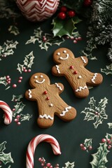 Cute gingerbread cookies with a Christmas pattern design, set against a dark green background with candy canes and holly leaves all around