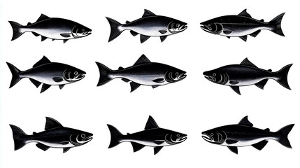 Obraz premium Collection of silhouette of a king salmon. isolated on white background