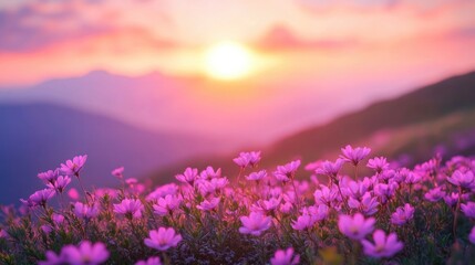 Fototapeta premium Field of Purple Flowers at Sunset