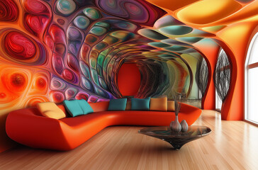 3D Abstract Living Room: Modern Futuristic Apartment with Dreamy Fractals and Virtual Interior Design for a Unique Living Space