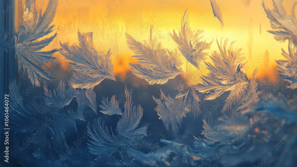 Poster frost patterns forming on window pane at sunset create stunning visual. intricate designs reflect be
