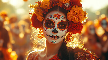 A woman with her face painted like the Catrina skull, wearing an orange dress and a floral wreath on her head