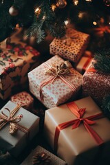 An pile of gorgeously wrapped vintage Christmas gifts, each with unique patterns and textures, showcasing the artistry in gift wrapping, rich decoration with ribbons, holiday vibes