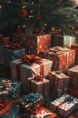 An pile of gorgeously wrapped vintage Christmas gifts, each with unique patterns and textures, showcasing the artistry in gift wrapping, rich decoration with ribbons, holiday vibes