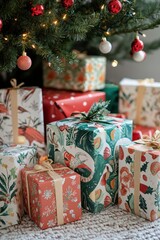 An pile of gorgeously wrapped vintage Christmas gifts, each with unique patterns and textures, showcasing the artistry in gift wrapping, rich decoration with ribbons, holiday vibes