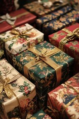 An array of beautifully wrapped vintage Christmas gifts, each with unique patterns and textures, showcasing the artistry in gift wrapping, holiday vibes