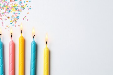 Colorful birthday candles with sprinkles on a white background.