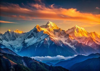 Obraz premium Panoramic Alpine Sunrise Over Snowcapped Himalayan Peaks - Minimalist Photography, Serene Landscape, Majestic Mountains, Tranquil Nature, Scenic Views, Morning Light, Adventure Travel, 