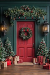 Christmas front porch decoration with a red door, green wall, and a Christmas wreath on the door. Lanterns are hanging from each side of the door, with small trees in pots and gift boxes all around