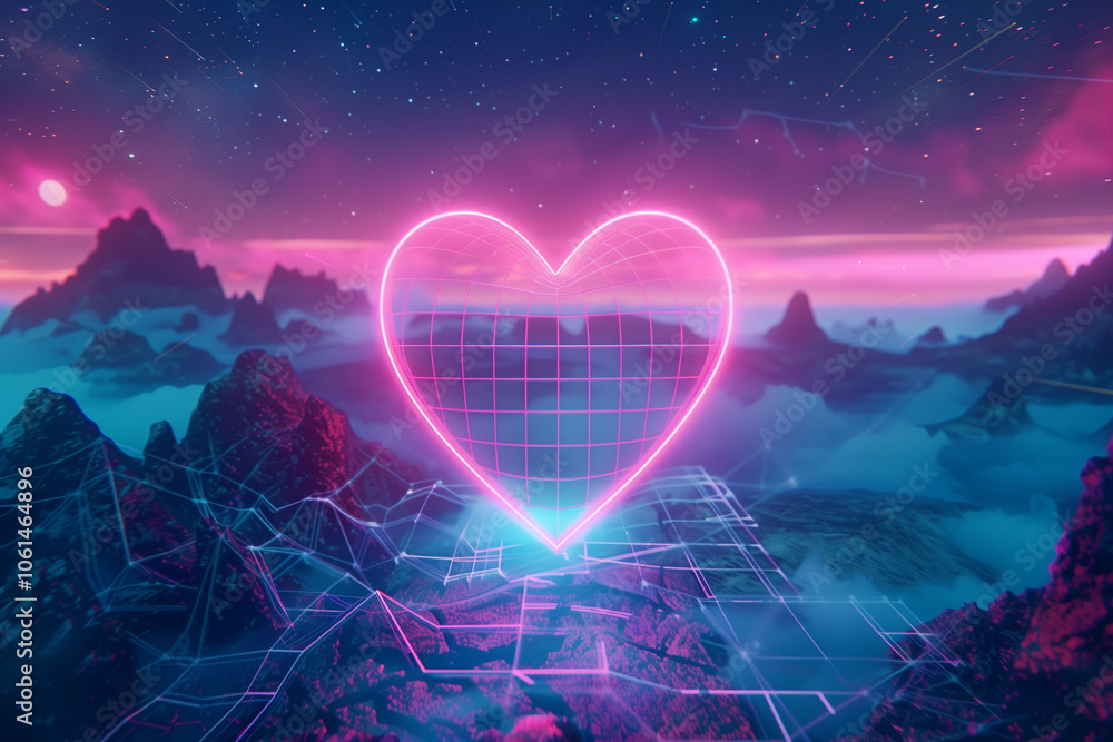 Poster heart shape with synthwave wireframe net illustration. abstract digital background. 80s, 90s retro f