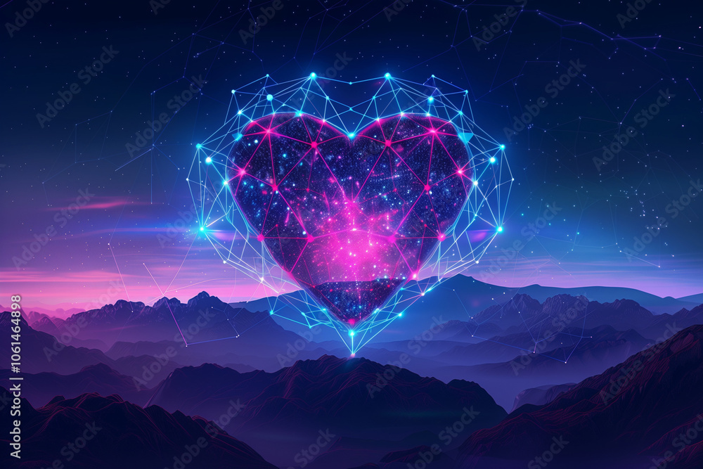 Poster heart shape with synthwave wireframe net illustration. abstract digital background. 80s, 90s retro f