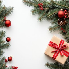 Tree, ornaments, gift box on white