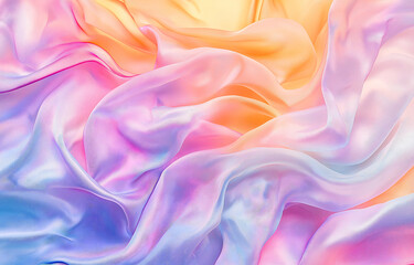 Holographic pastel-colored background with soft folds and iridescent effects, featuring a dreamy, delicate blend of light and color for a stylish, modern abstract design.