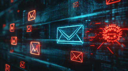 An email inbox shows a spam virus warning.  It also displays icons for email security, new messages, and internet communication. The concept includes the risk of junk mail and compromised information.