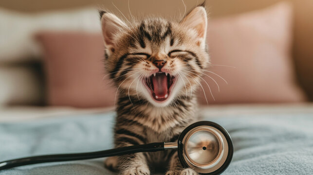 A sweet tabby kitten is having fun with a doctor's stethoscope. This image is perfect for advertising a vet clinic, kitten food, or cat healthcare products.