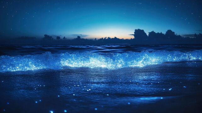 Ocean waves illuminated by bioluminescent organisms create magical scene at twilight, reflecting deep blue hues of sky and water