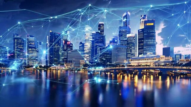  Aerial smart city. Localization icons in a connected futuristic city. Technology concept, data communication, artificial intelligence, internet of things. San Francisco skyline. 