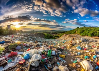 Panoramic View of Plastic Waste Illegal Dump Site: Littered Garbage Highlighting Environmental Crisis and Pollution Issues