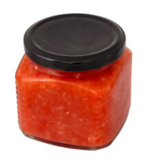 Natural tomato ketchup in a glass jar. Homemade food preservation. Isolated object on a transparent background
