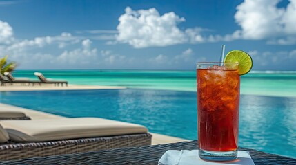 Obraz premium Refreshing cocktail with a slice of lime, placed by the poolside at a resort, with clear water and bright blue skies as a backdrop