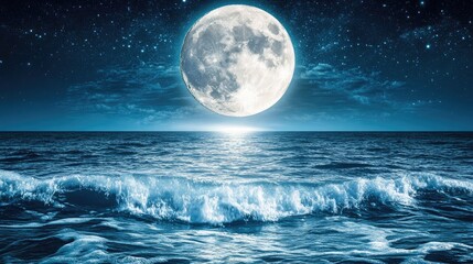 Moonlit Ocean Scene with Waves and Starry Sky