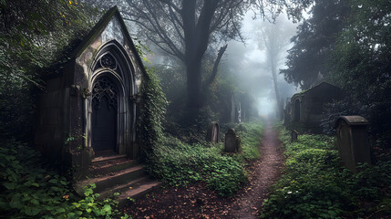 A misty cemetery with an abandoned crypt and overgrown paths.