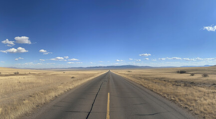 Fototapeta premium A wide-angle photograph of an empty highway in the middle of the American desert with a clear blue sky, cinematic in style, beautiful yet melancholic, minimalistic with muted tones.